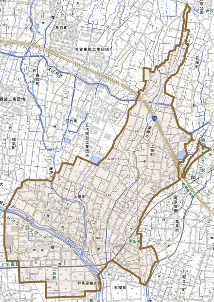 上泉町とその周辺の地図。町の範囲を重ねている
