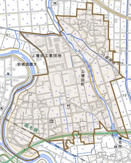 上増田町とその周辺の地図。町の範囲を重ねている