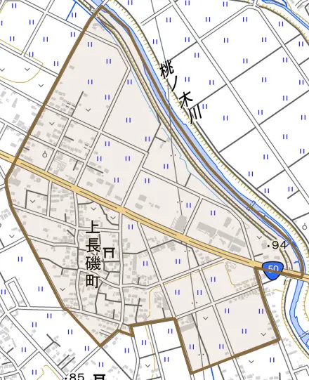 上長磯町とその周辺の地図。町の範囲を重ねている