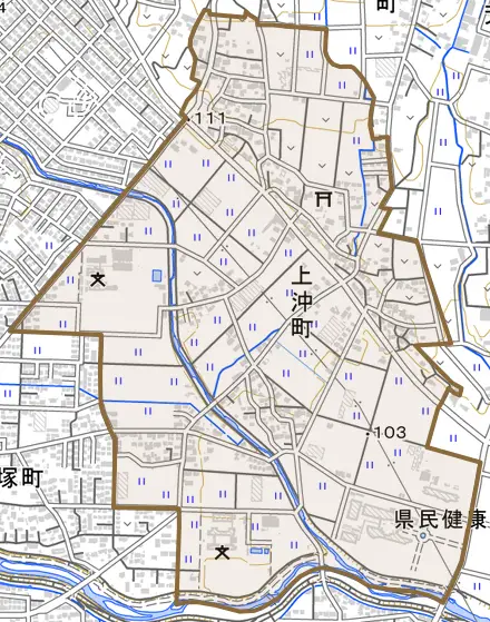 上沖町とその周辺の地図。町の範囲を重ねている