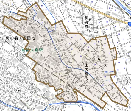 上大島町とその周辺の地図。町の範囲を重ねている
