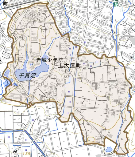 上大屋町とその周辺の地図。町の範囲を重ねている