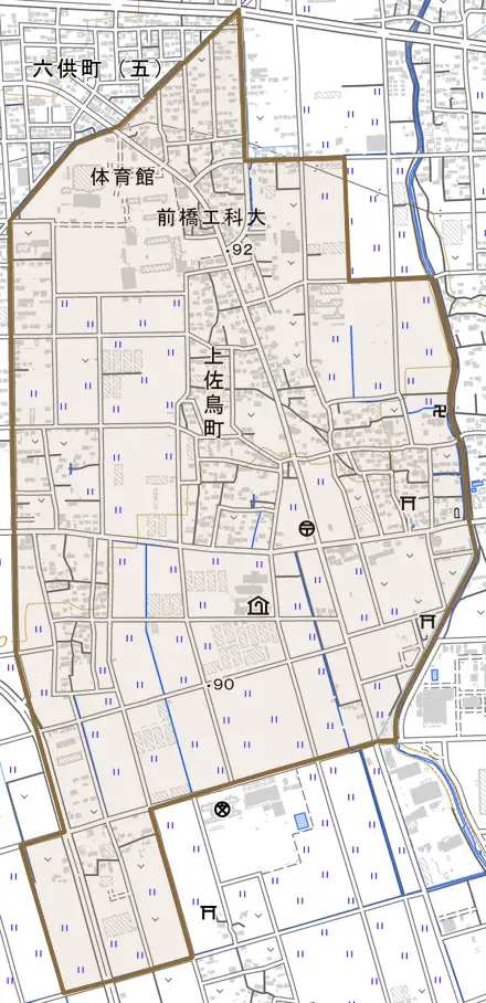 上佐鳥町とその周辺の地図。町の範囲を重ねている