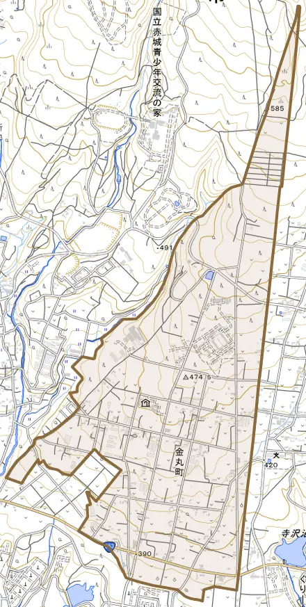 金丸町とその周辺の地図。町の範囲を重ねている