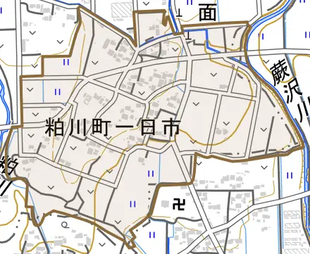 粕川町一日市とその周辺の地図。町の範囲を重ねている
