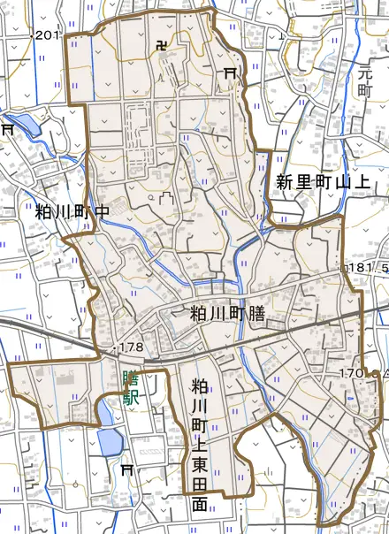 粕川町膳とその周辺の地図。町の範囲を重ねている