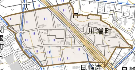 川端町とその周辺の地図。町の範囲を重ねている