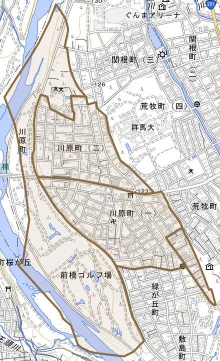 川原町とその周辺の地図。町の範囲を重ねている