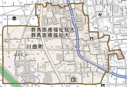 川曲町とその周辺の地図。町の範囲を重ねている