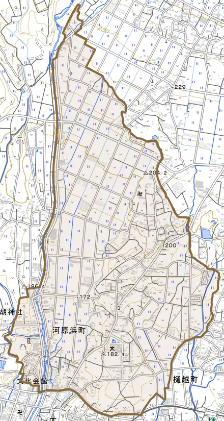 河原浜町とその周辺の地図。町の範囲を重ねている