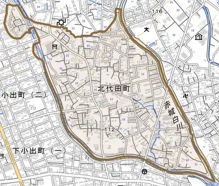 北代田町とその周辺の地図。町の範囲を重ねている