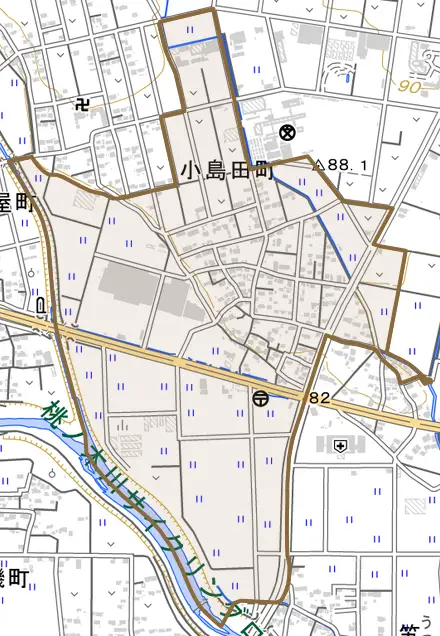 小島田町とその周辺の地図。町の範囲を重ねている