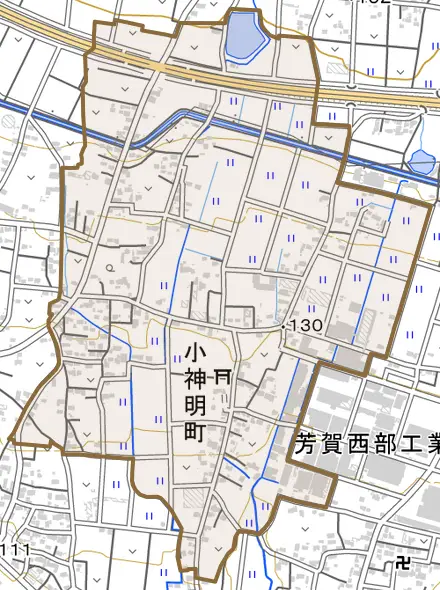 小神明町とその周辺の地図。町の範囲を重ねている