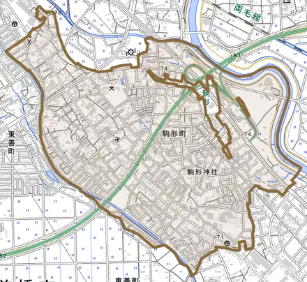 駒形町とその周辺の地図。町の範囲を重ねている