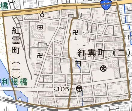 紅雲町とその周辺の地図。町の範囲を重ねている