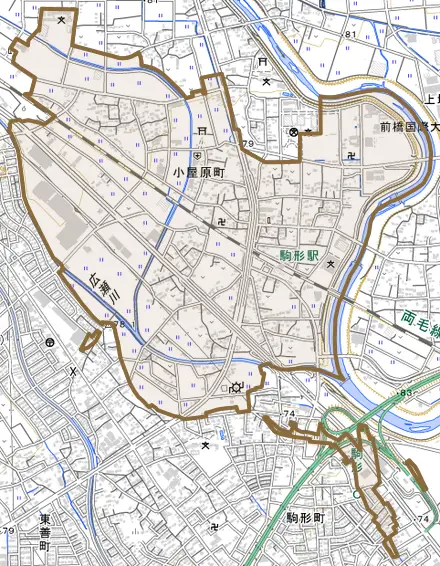 小屋原町とその周辺の地図。町の範囲を重ねている