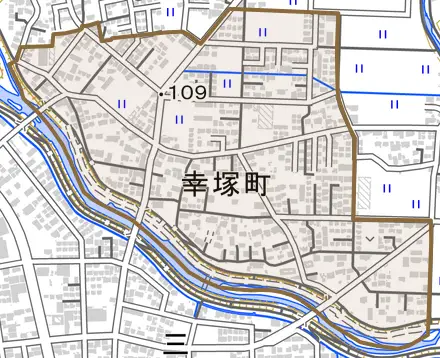 幸塚町とその周辺の地図。町の範囲を重ねている