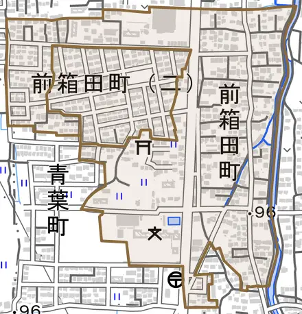前箱田町とその周辺の地図。町の範囲を重ねている