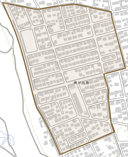 緑が丘町とその周辺の地図。町の範囲を重ねている