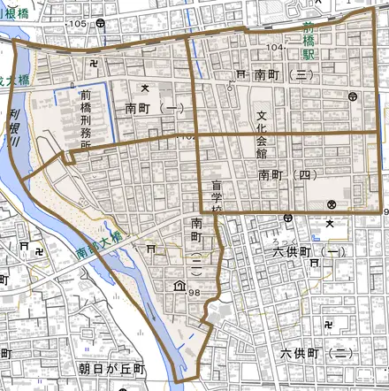 南町とその周辺の地図。町の範囲を重ねている