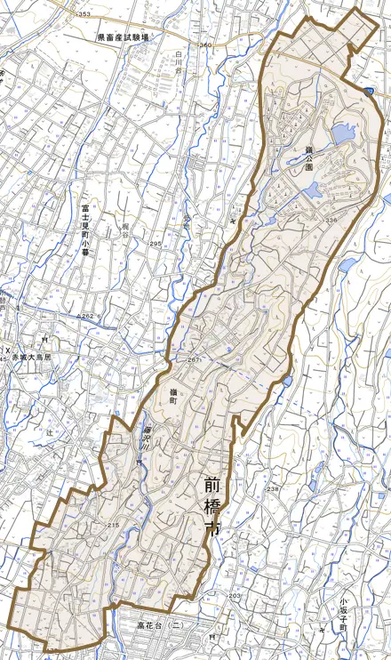 嶺町とその周辺の地図。町の範囲を重ねている