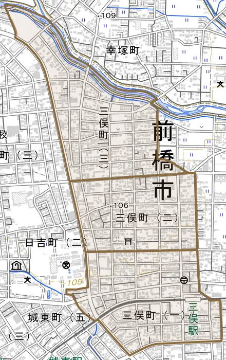 三俣町とその周辺の地図。町の範囲を重ねている