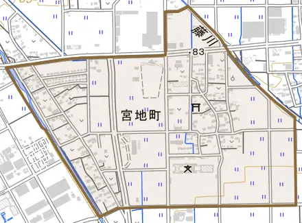 宮地町とその周辺の地図。町の範囲を重ねている