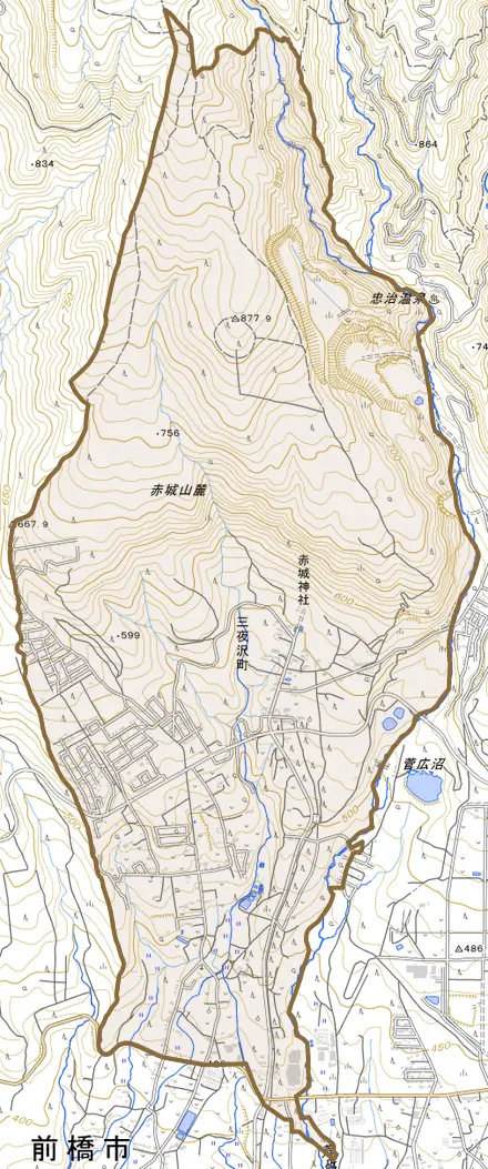 三夜沢町とその周辺の地図。町の範囲を重ねている