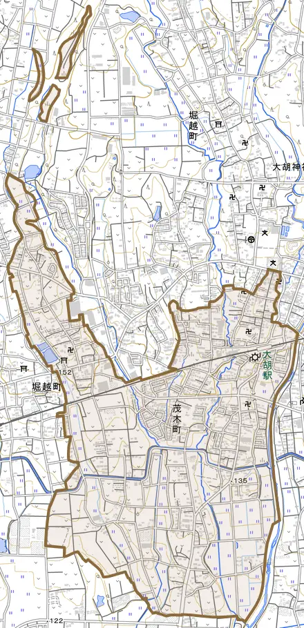 茂木町とその周辺の地図。町の範囲を重ねている