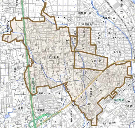 元総社町とその周辺の地図。町の範囲を重ねている
