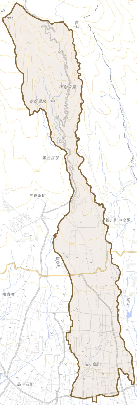 苗ヶ島町とその周辺の地図。町の範囲を重ねている