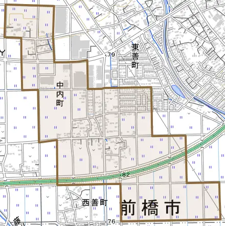 中内町とその周辺の地図。町の範囲を重ねている