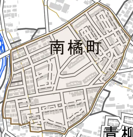 南橘町とその周辺の地図。町の範囲を重ねている