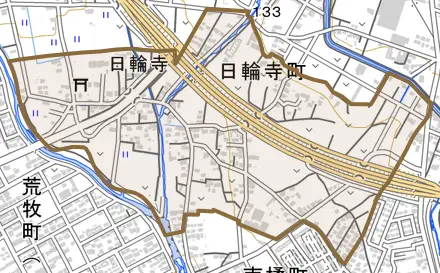 日輪寺町とその周辺の地図。町の範囲を重ねている