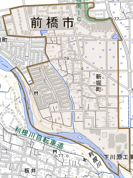 新堀町とその周辺の地図。町の範囲を重ねている