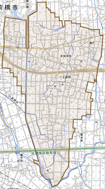 二之宮町とその周辺の地図。町の範囲を重ねている
