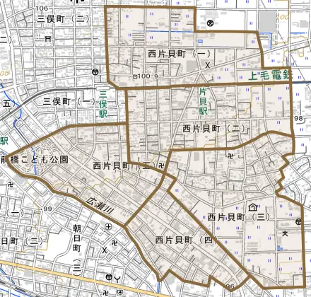 西片貝町とその周辺の地図。町の範囲を重ねている