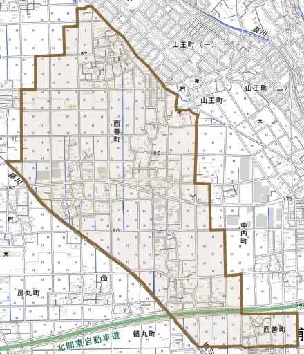 西善町とその周辺の地図。町の範囲を重ねている