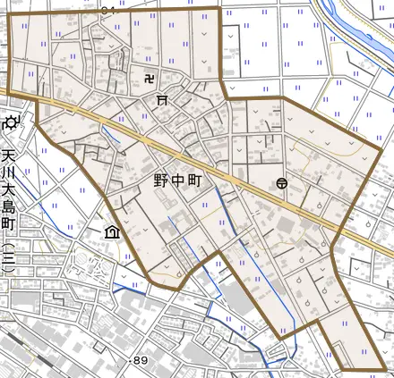 野中町とその周辺の地図。町の範囲を重ねている