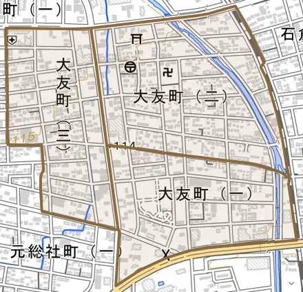 大友町とその周辺の地図。町の範囲を重ねている