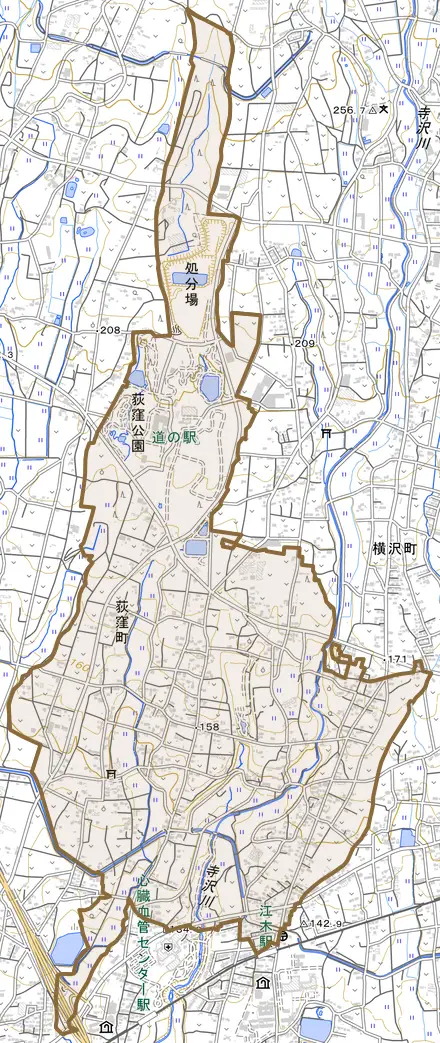 荻窪町とその周辺の地図。町の範囲を重ねている