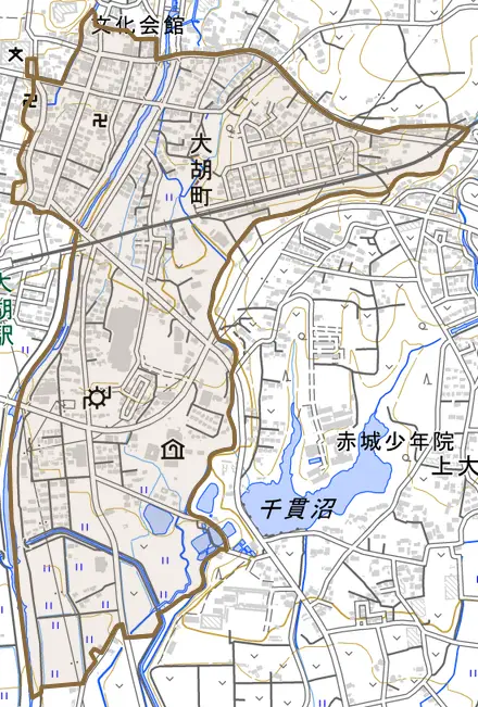 大胡町とその周辺の地図。町の範囲を重ねている