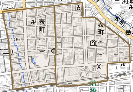表町とその周辺の地図。町の範囲を重ねている