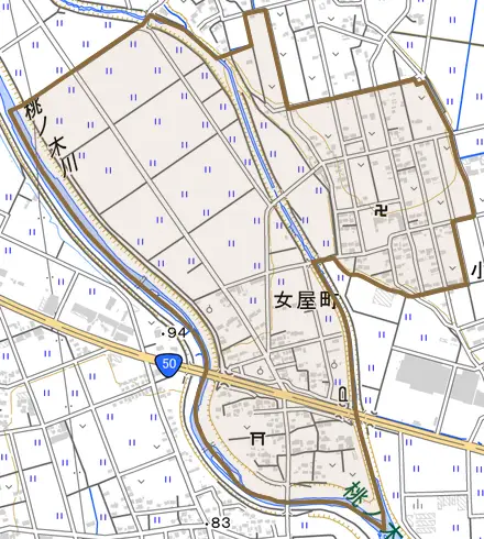 女屋町とその周辺の地図。町の範囲を重ねている