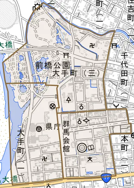 大手町とその周辺の地図。町の範囲を重ねている