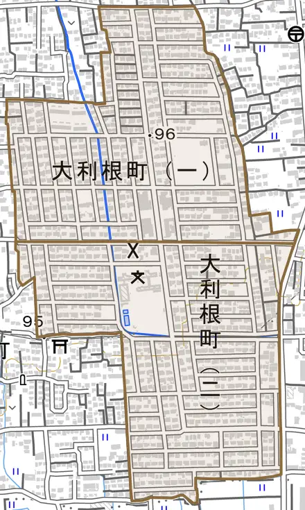 大利根町とその周辺の地図。町の範囲を重ねている