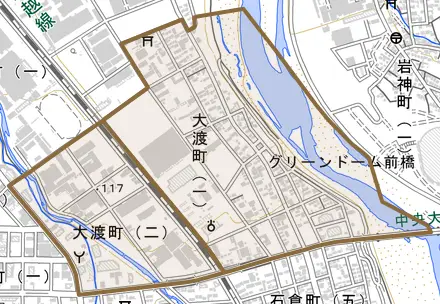 大渡町とその周辺の地図。町の範囲を重ねている