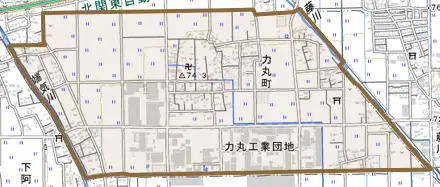 力丸町とその周辺の地図。町の範囲を重ねている