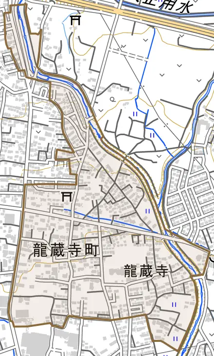 龍蔵寺町とその周辺の地図。町の範囲を重ねている
