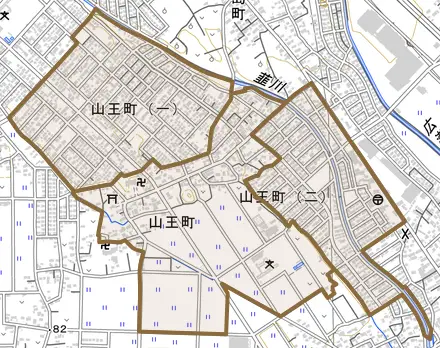 山王町とその周辺の地図。町の範囲を重ねている